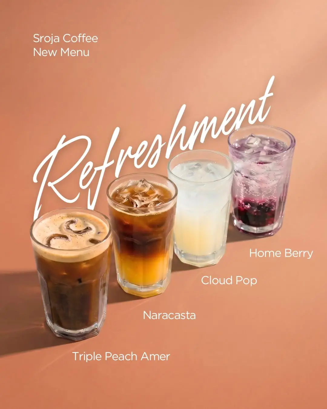 New-menu poster design: four iced drinks on a terracotta background